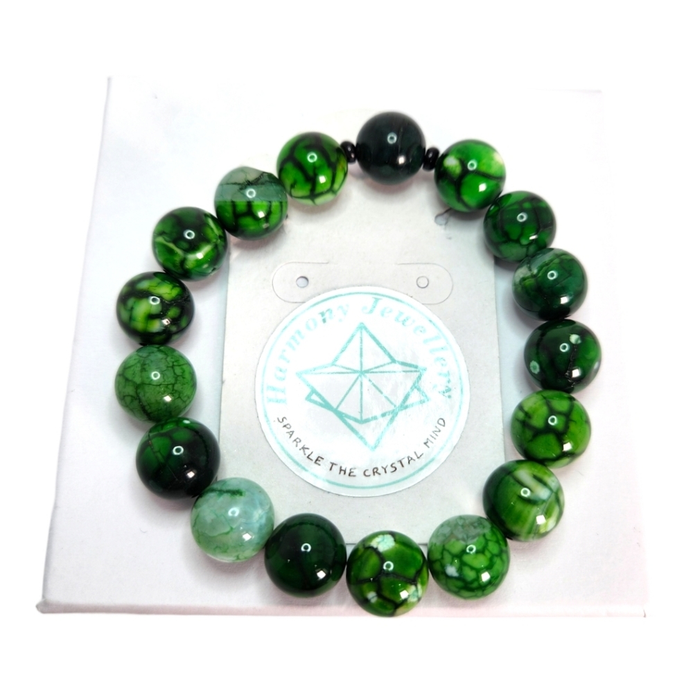 12 mm Green Crackle Agate Bracelet